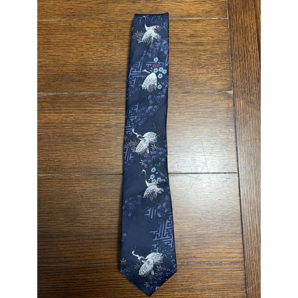 Brioni The Crane Print 100% Silk Navy Neck Tie hand made in Italy